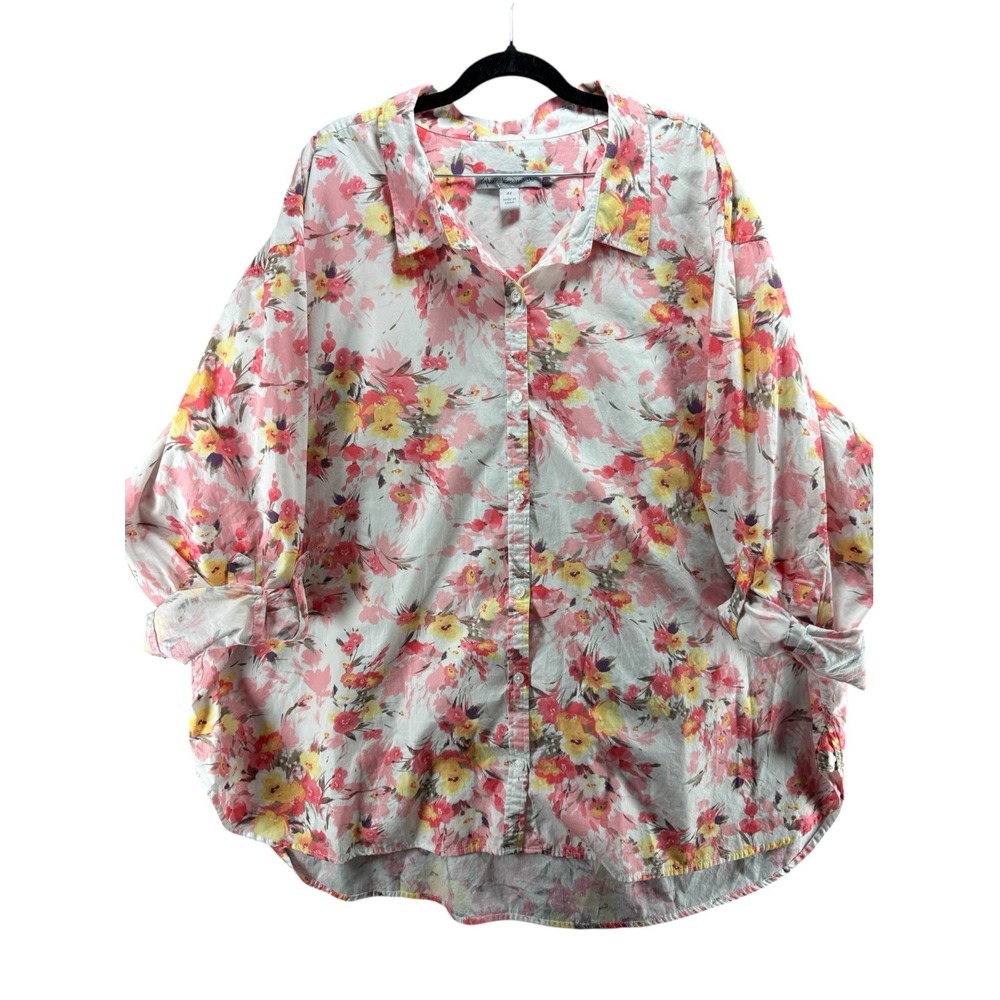 Gloria Vanderbilt 4X Floral Button Down Shirt Plus Size Roll Tab Sleeve